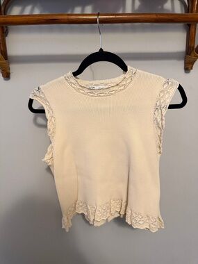 Zara Cream Off White Crochet Lace Trim Knit Tank Crop Top